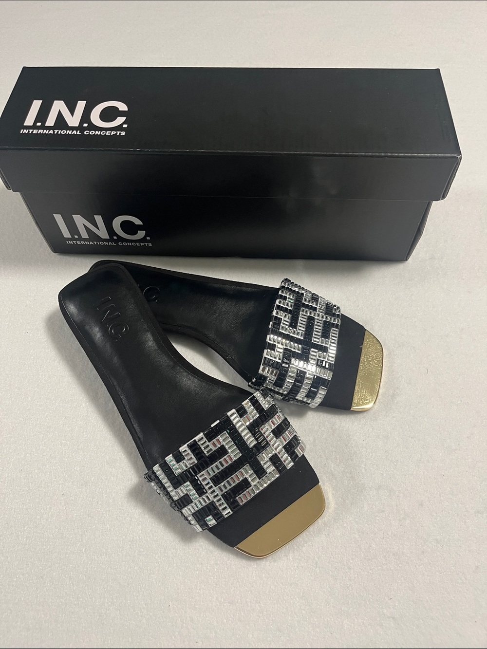 INC International Concepts Black Slides with Gold Toe Caps &  💠Beaded Strap. NEW